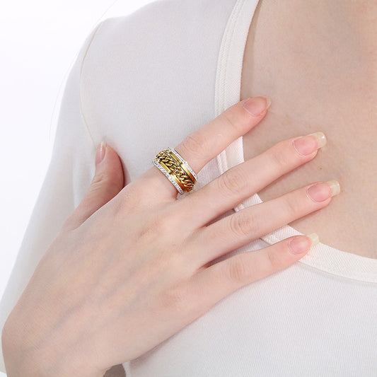 Women's & Men's Hop Side Rhinestone Chain Elegant Golden Wide Rings