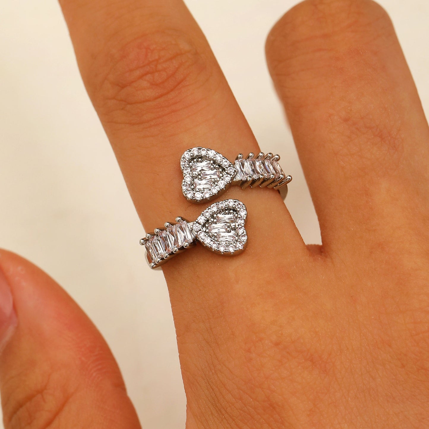 Vintage Zircon Loving Heart With Opening Adjustable Female Style Everyday Rings