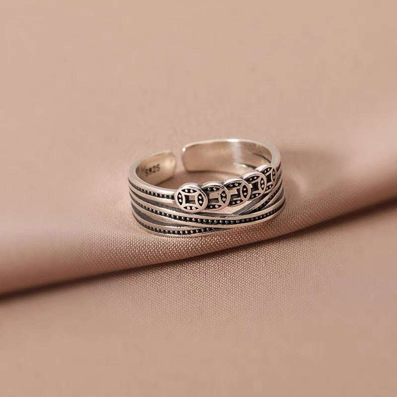 Luck Changing Coin Copper Female Retro Style Personality Chinese Winding Rings