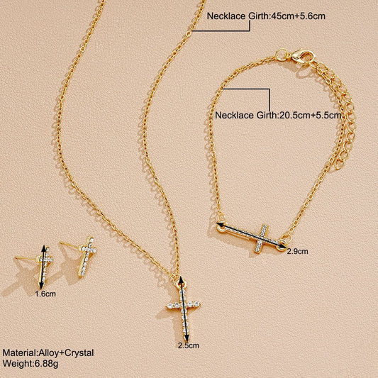 Creative Simple Point Rhinestone Cross Three-piece Earrings