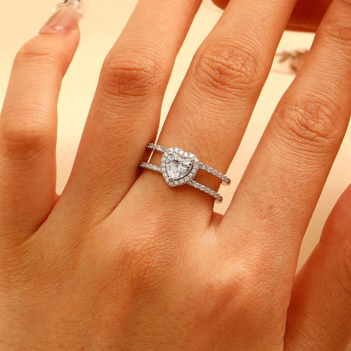 Vintage Zircon Loving Heart With Opening Adjustable Female Style Everyday Rings