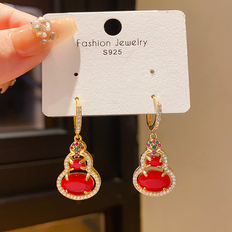 Women's Sier Needle Zircon Life Red Pony Light Luxury Earrings