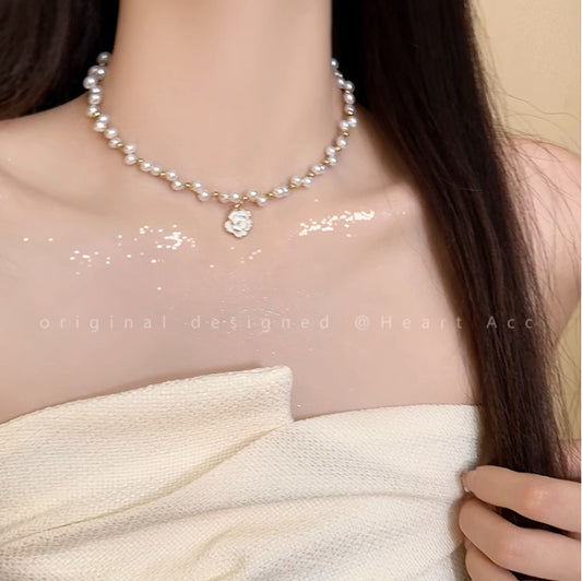 Women's French Style Pearl Camellia High-grade Simple Clavicle Necklaces
