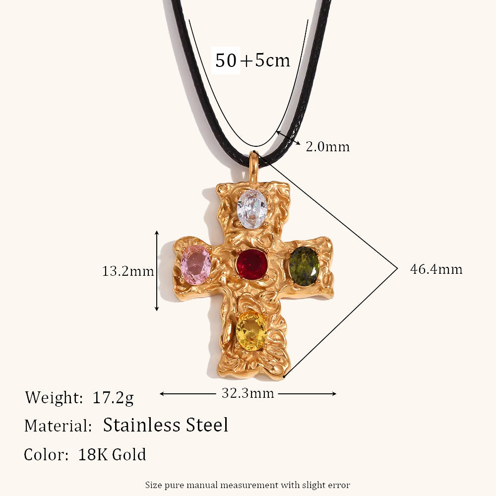 Luxury Fashion Stainless Steel Gold-plated Colorful Beating Cross Black Necklace