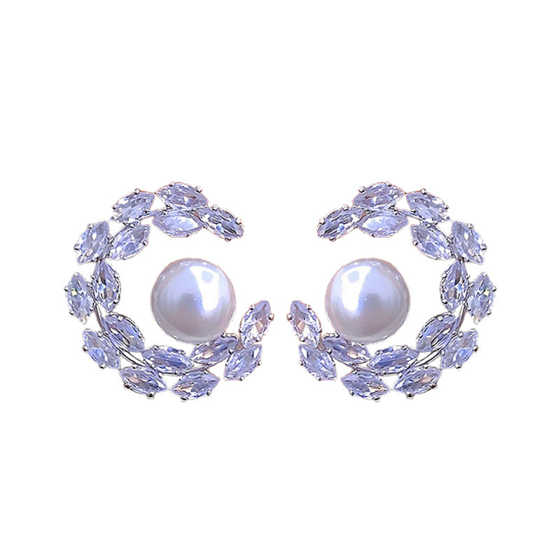 Zircon Leaves Semicircle Pearl Design Sier Earrings