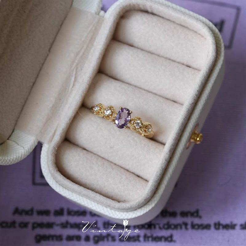 French Shining Purple Open Female Design High Sense Retro Temperament Ring