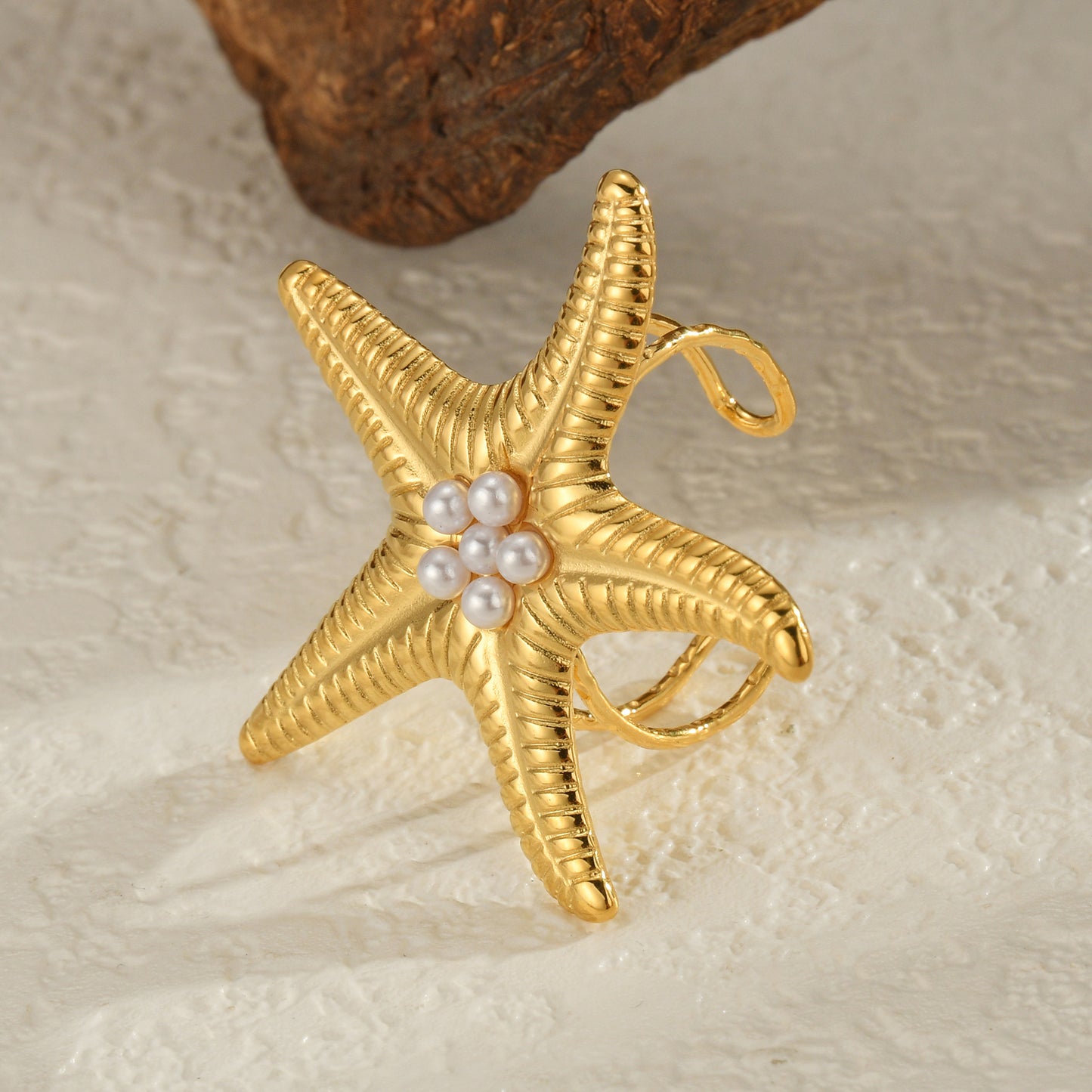 Women's Fashion Trend Stainless Steel Starfish Pearl Opening Exaggerated Design Rings