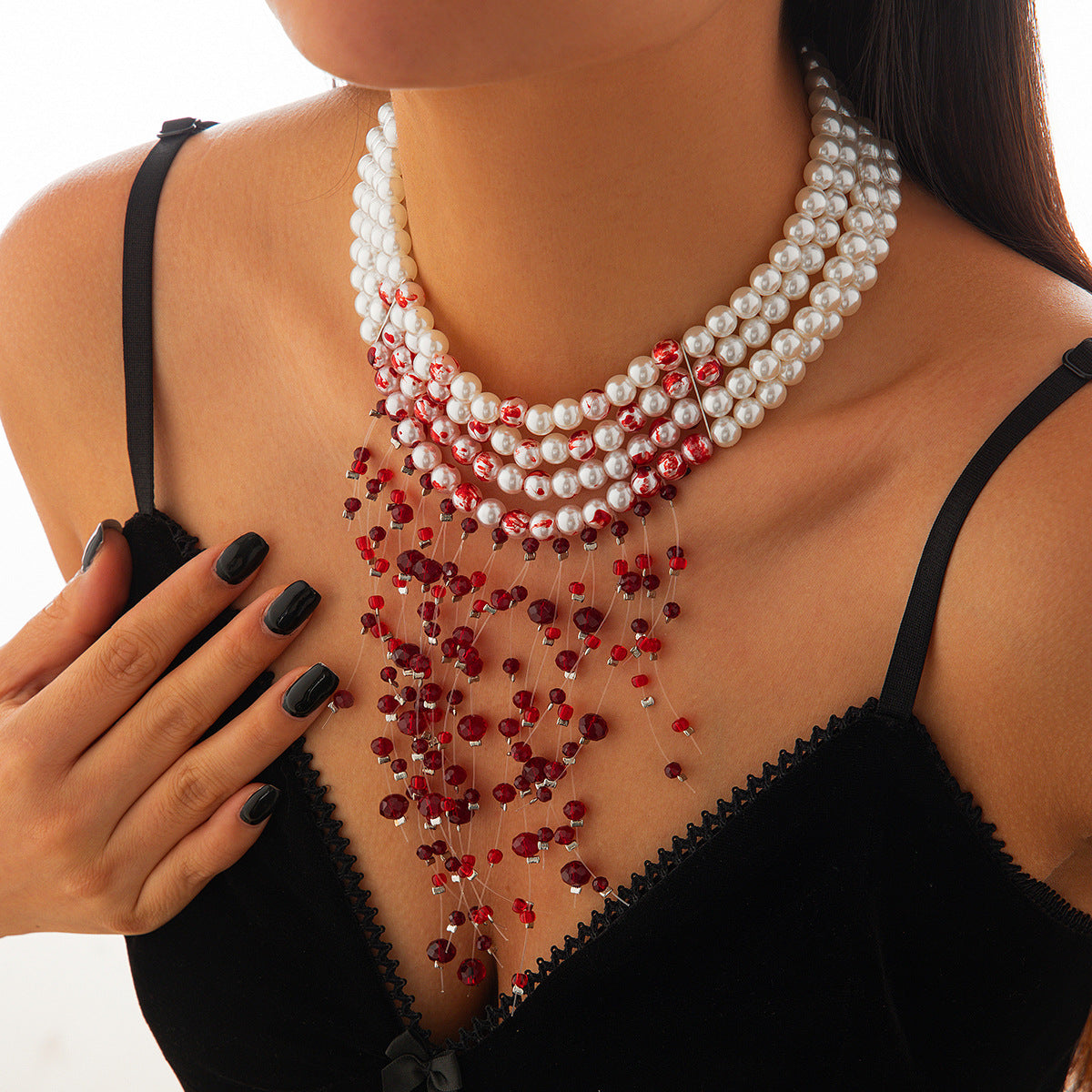 Pearl Halloween Blood Drop Tassel Imitation Crystal Necklaces