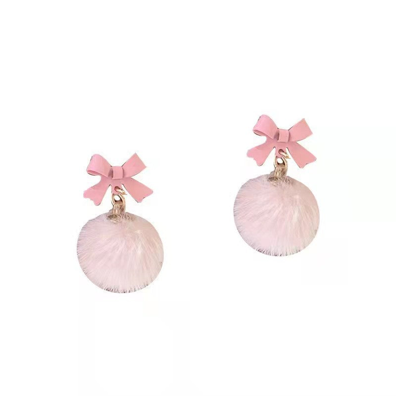 Temperament Sier Ear Bow Plush Ball Earrings