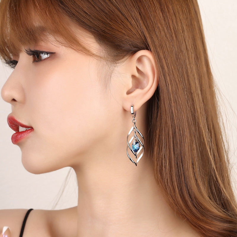 Korean Style Blue Crystal Heart Ocean French Temperament Earrings
