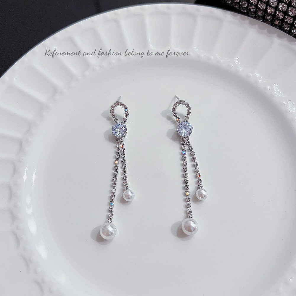 Style Long Fringed Pearl Sier Needle Earrings