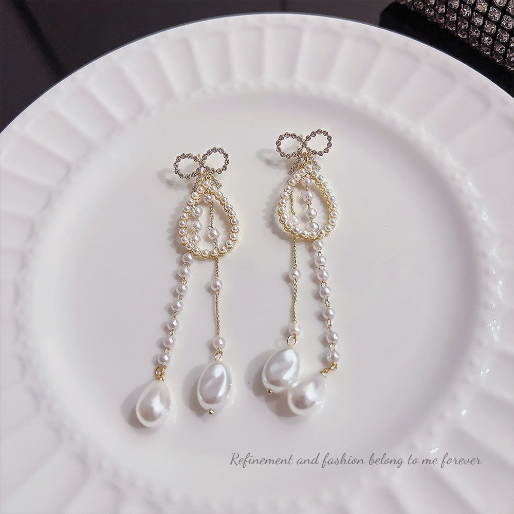 Style Long Fringed Pearl Sier Needle Earrings