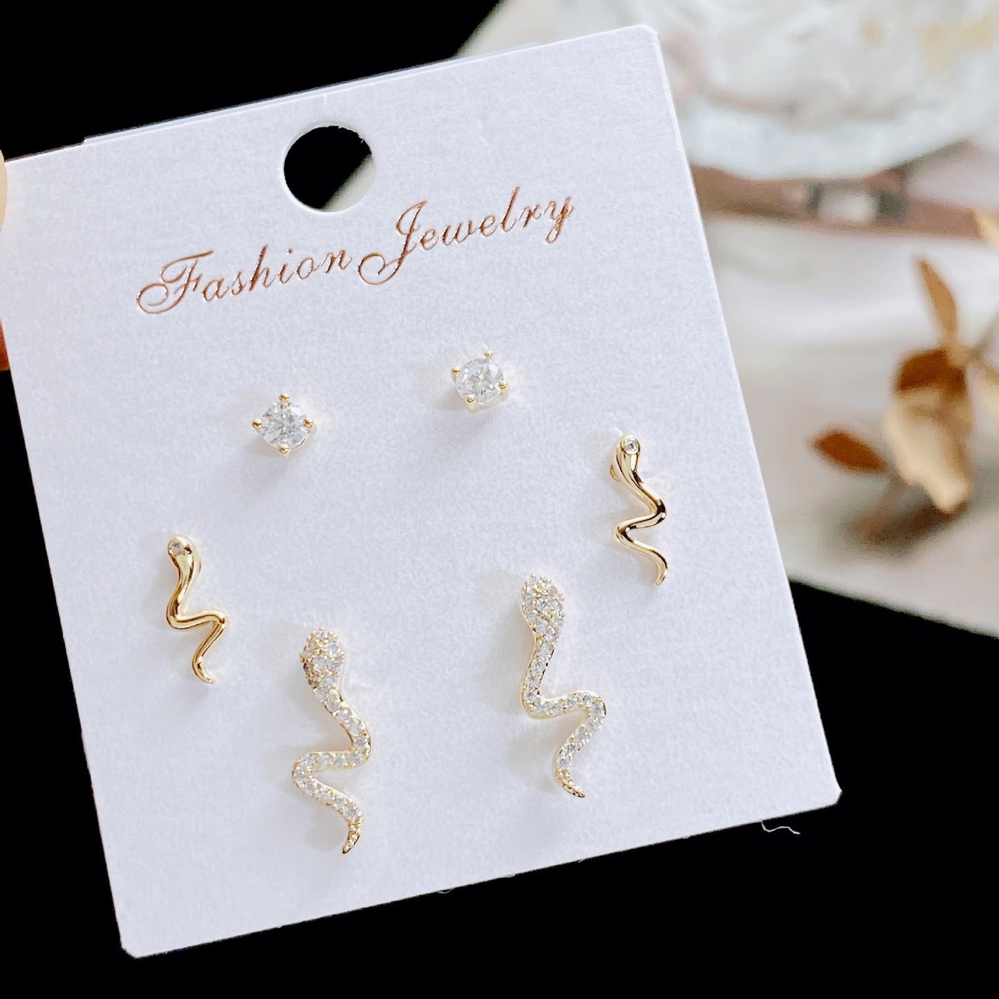 Women's Rhinestone Pearl Three Pairs Storage Ear Earrings