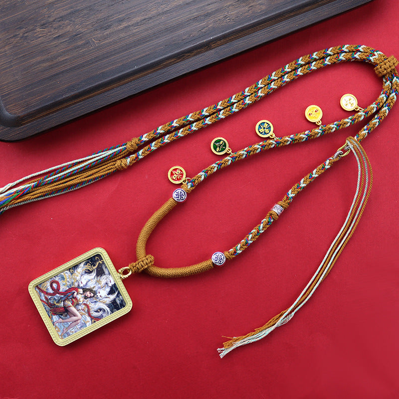 Tibetan Hand Painted Golden Outline Eight Patron Saints Double-sided Necklaces