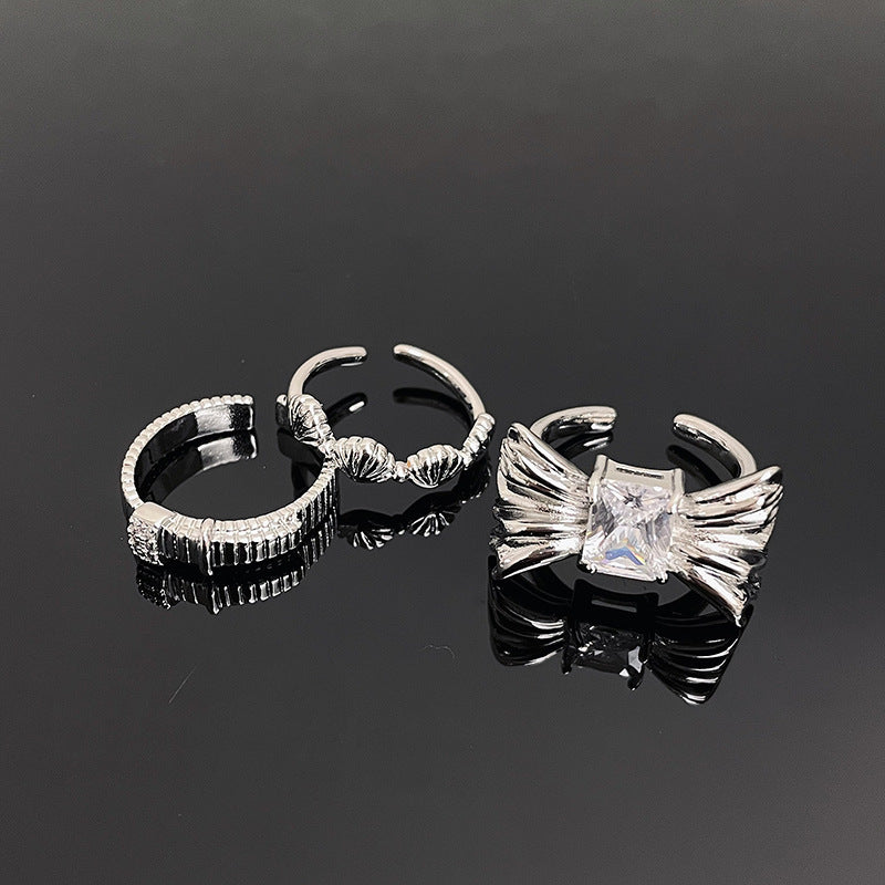 Bow Square Open-end Zircon Female Simple Personality Rings