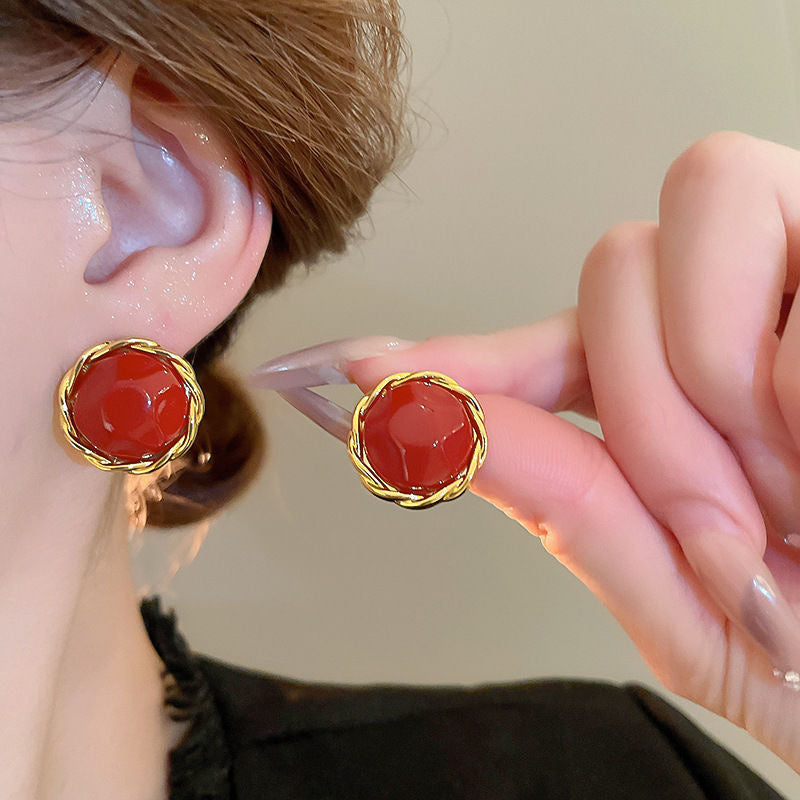 Women's Sier Needle Red Irregular Ear Retro Exaggerated Earrings