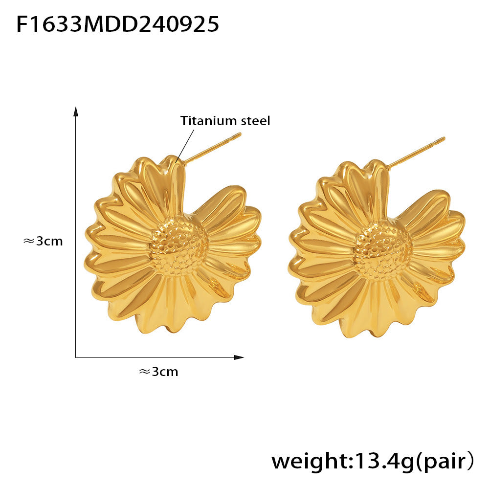 Titanium Steel Gold-plated Pleated Wave Chrysanthemum Earrings