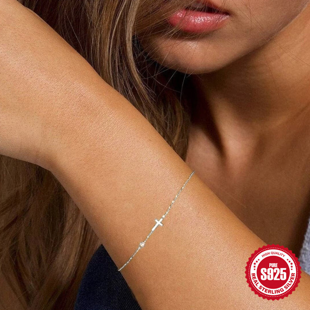 Women's Sier Mini Cross Single Diamond Fashion Simple Everyday Joker Bracelets