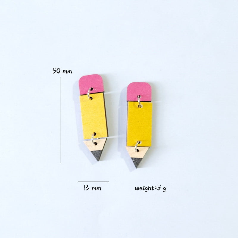 School Wooden Pencil Rainbow Ruler Love Earrings