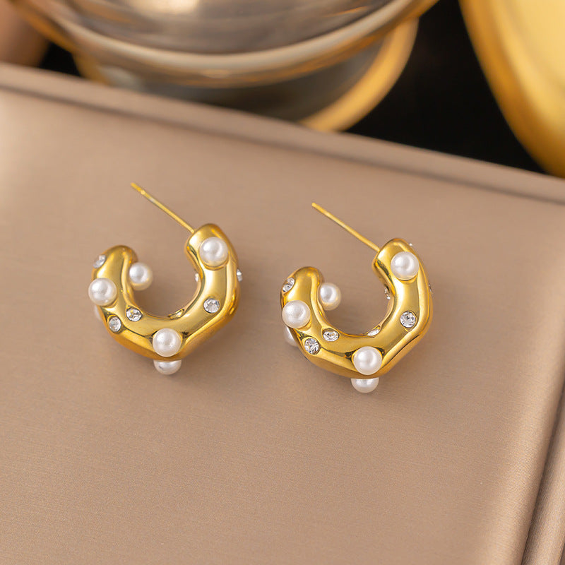 Wind Shaped Hammered Inlaid Zircon Pearl Ear Earrings