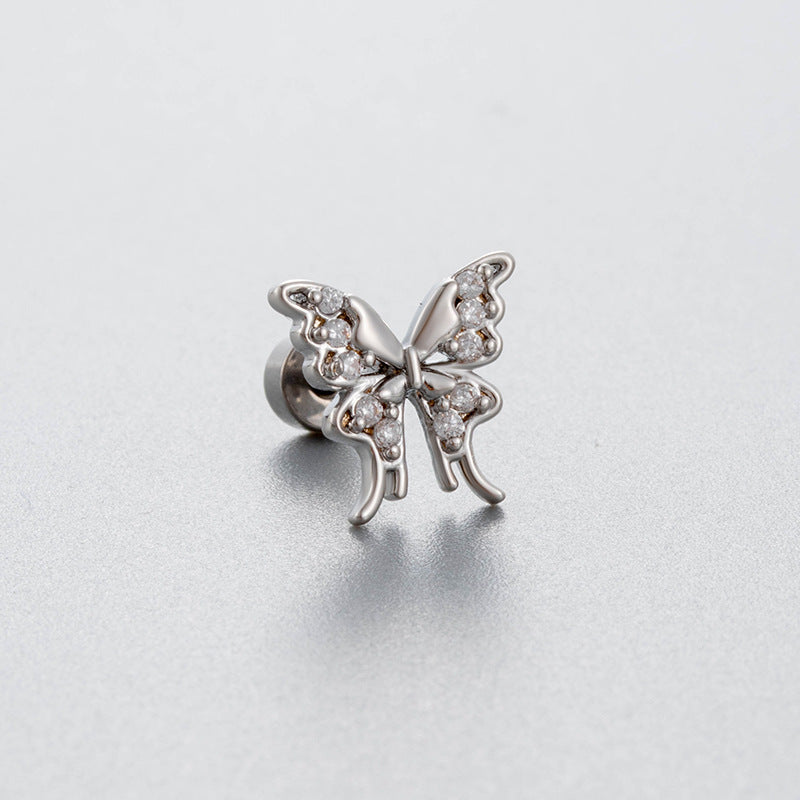 Steel Ear Bone Zircon Butterfly Screw High Earrings