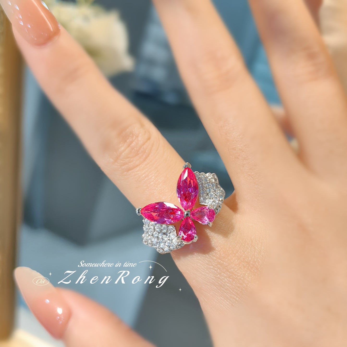 Women's Diamond Red Corundum Blue Pointed Crystal Rings