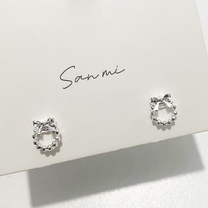 Fresh Plain Sier Plated Bow Female Small Simple Stud Earrings