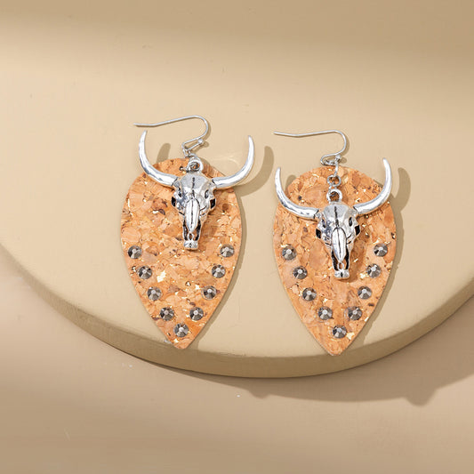 Cow Head Leather Spot Drill Rhinestone Vintage Ethnic Earrings