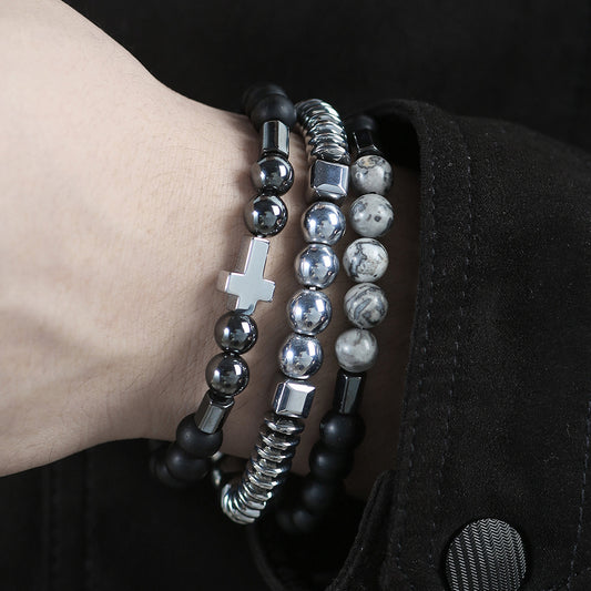 Men's Beaded Suit Map Stone Haematite Cross Bracelets