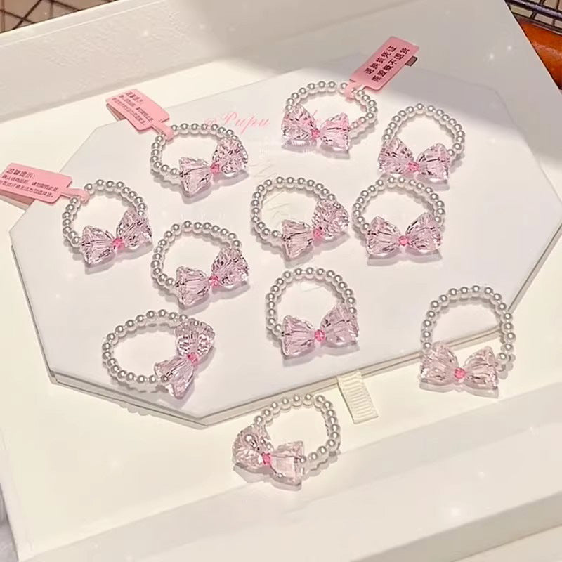 Stringed Pearls Pink Bow Sweet Cute High Sense Index Ring