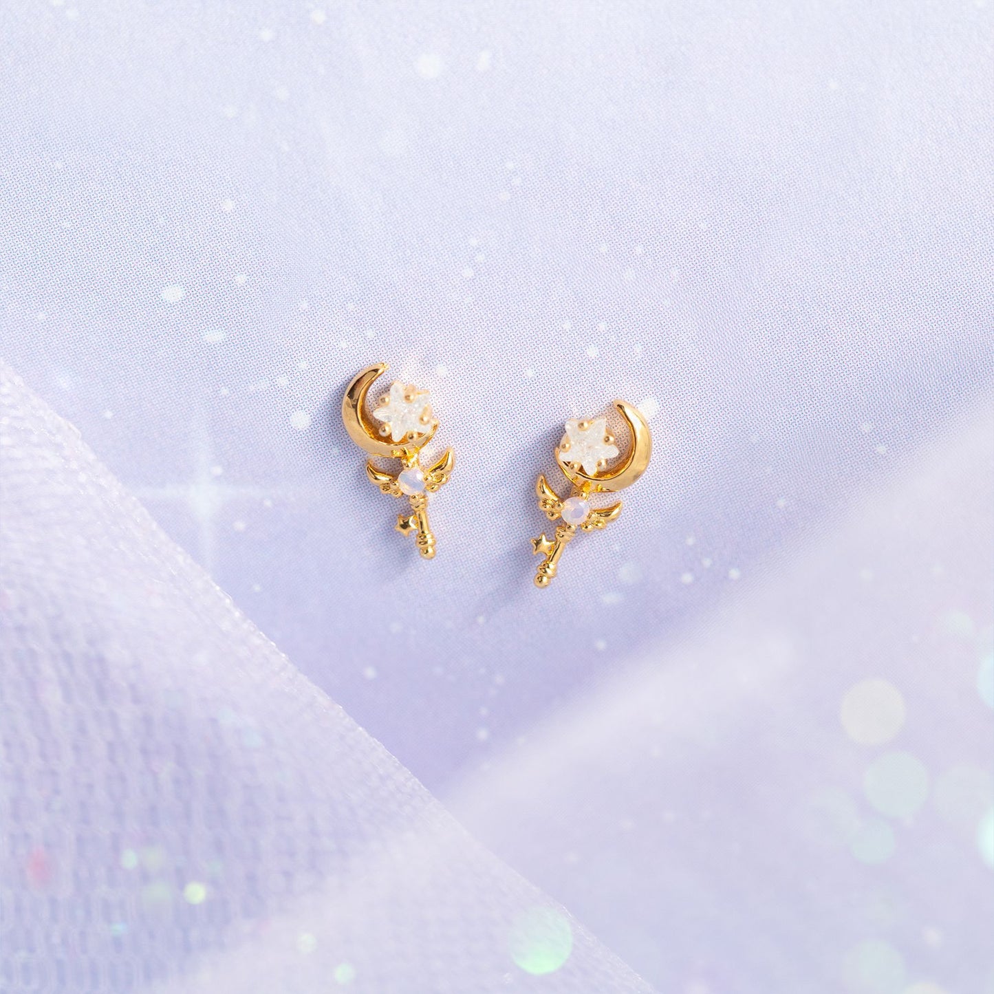 Classic Style Real Gold Star Moon Earrings