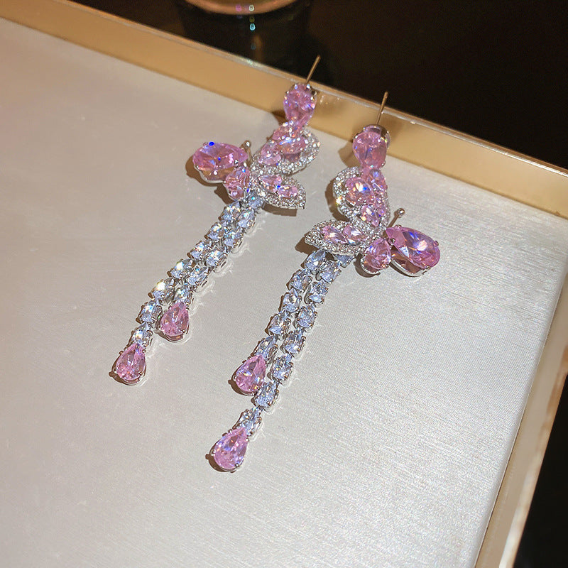 Sier Needle Zircon Pink Butterfly Water Earrings