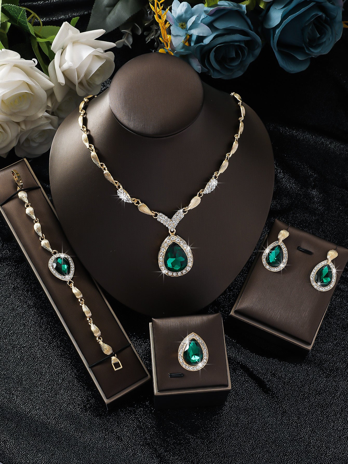 Bridal Wedding Suite Alloy Green Rhinestone Luxury Jewelry Set