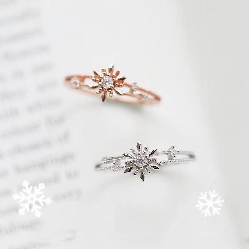 Women's Snowflake Delicate Mosaic Open-end Zircon White Exquisite Refined Grace Ring