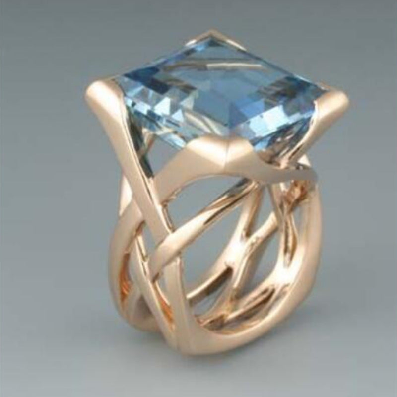 Creative Hollow Gold Inlaid Square Blue Stone Rings