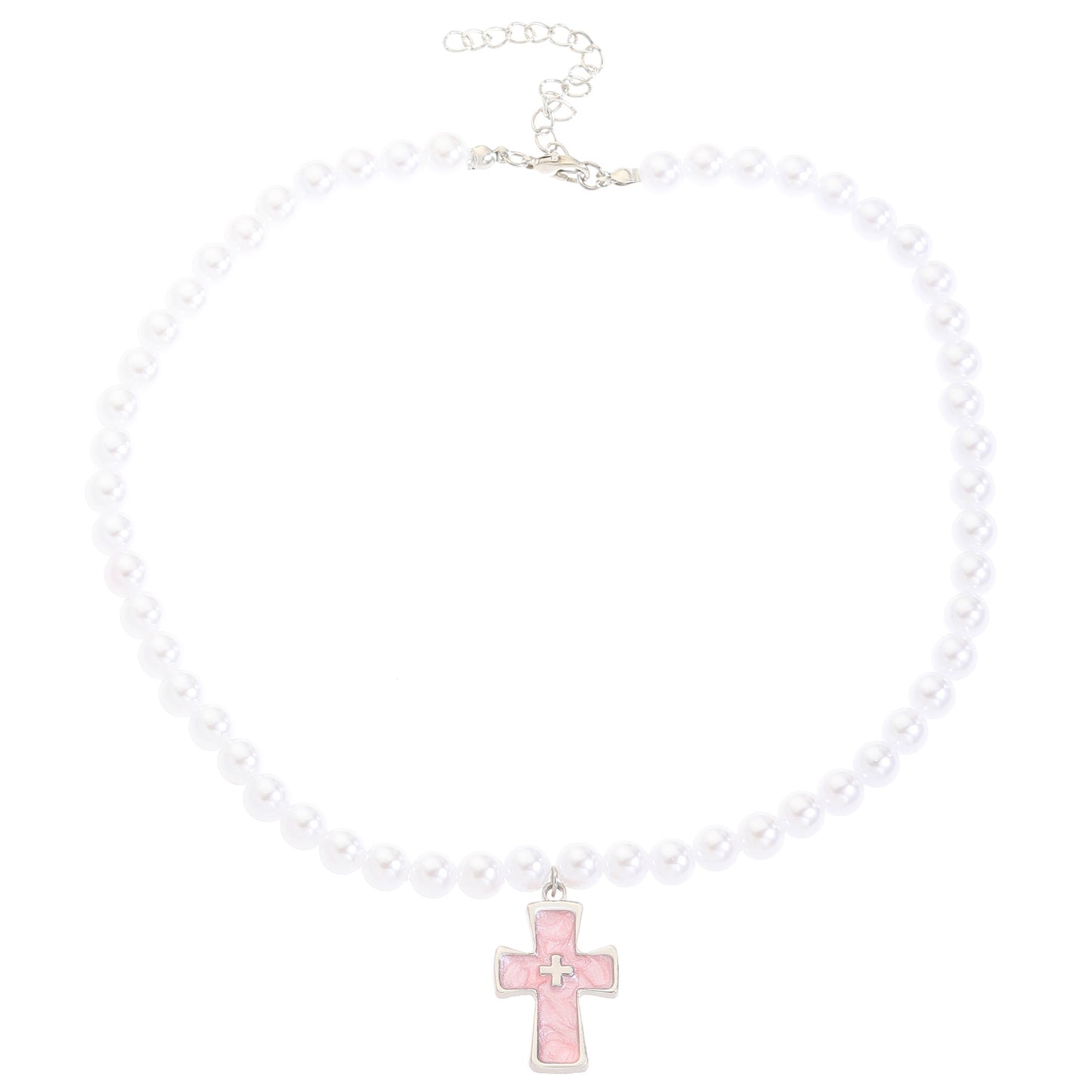 Gothic Retro Pink Cross Cat Stringed Pearls Necklaces