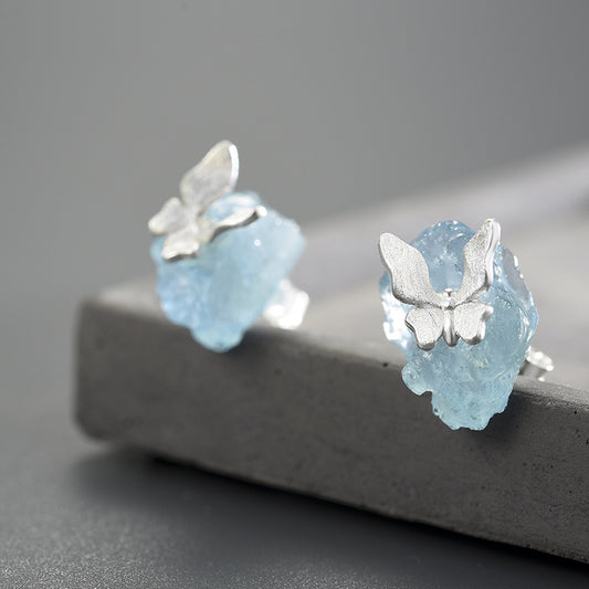 Natural Aquamarine Sterling Sier Butterfly Handmade Earrings