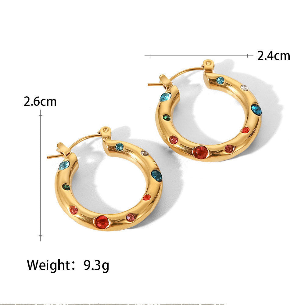 Women's Personalized Circle Stainless Steel Inlaid Colorful Crystals Earrings