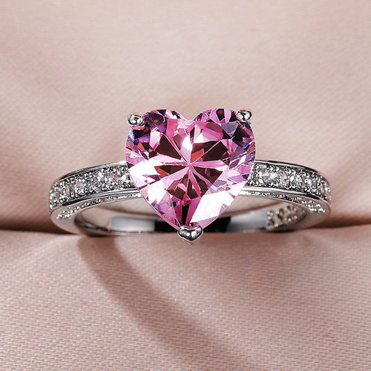 Women's Wedding Inlaid Heart-shaped Pink Diamond Zircon Rings