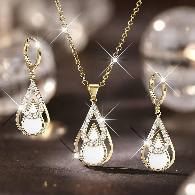 Luxury Advanced Diamond Fashion Black Water Drop Hollow Simplicity White Jewelry Set