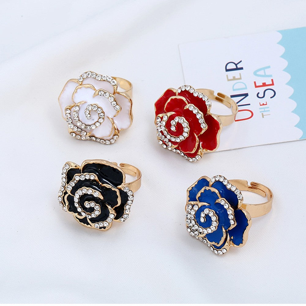 Women's Creative Adjustable Alloy Flower Drop Oil Diamond Rose Ring