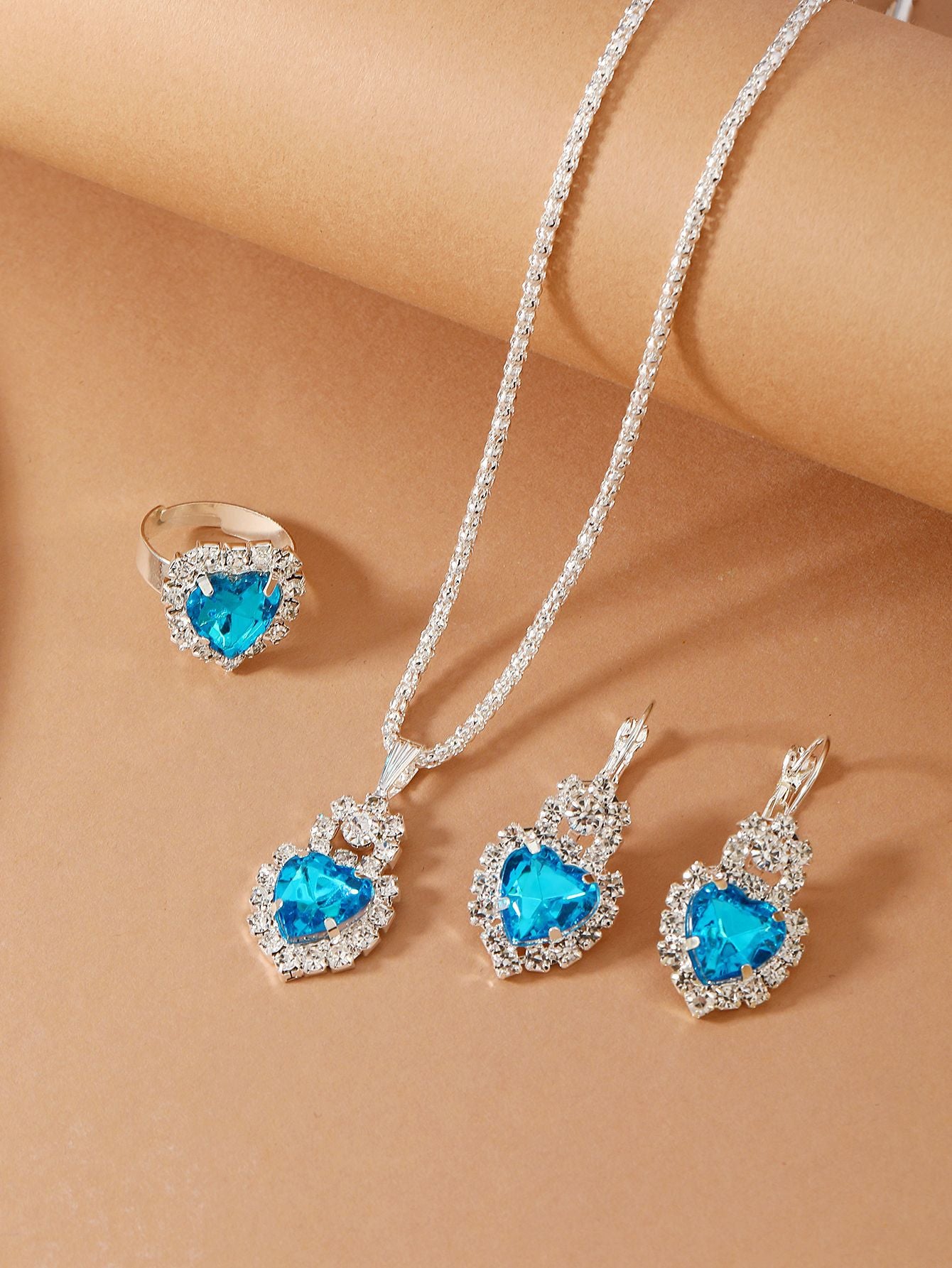 New Water Drop Heart-shaped Three-piece Jeweled Earrings