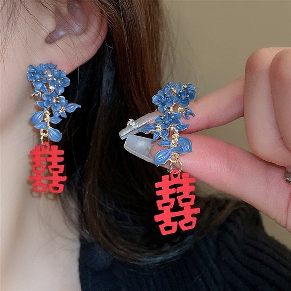 Chinese Style Cloisonne Ear Clip Flower Double Happiness Royal Earrings