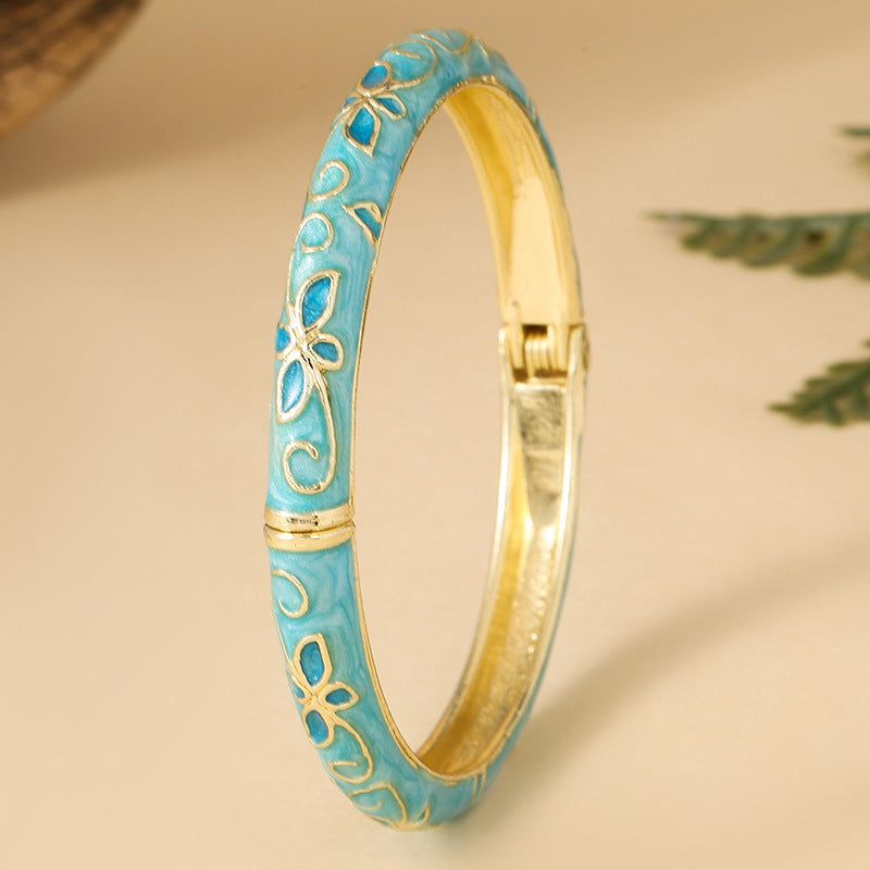 Sweet Cloisonne Spring Open-ended Vintage Round Clover Oil Dripping Bracelet