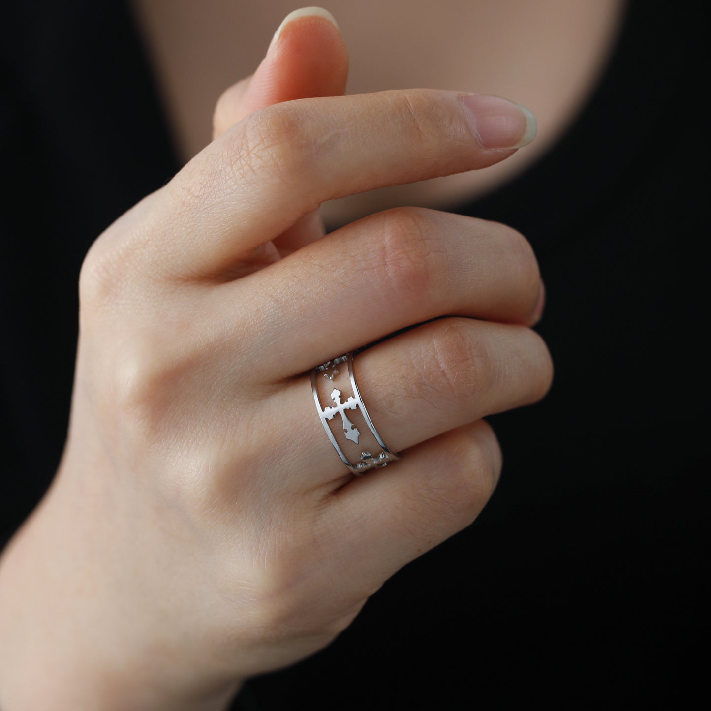 Couple Titanium Steel Cut Half Hollow Cross Ring