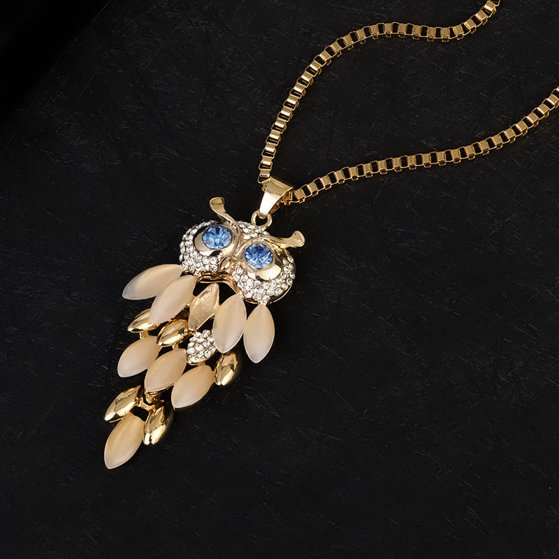 Creativity Design Diamond Long Sweater Chain Owl Necklace