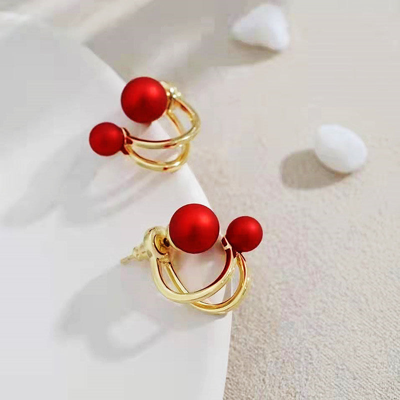 Sier Needle Double Pearl Female Simple Earrings