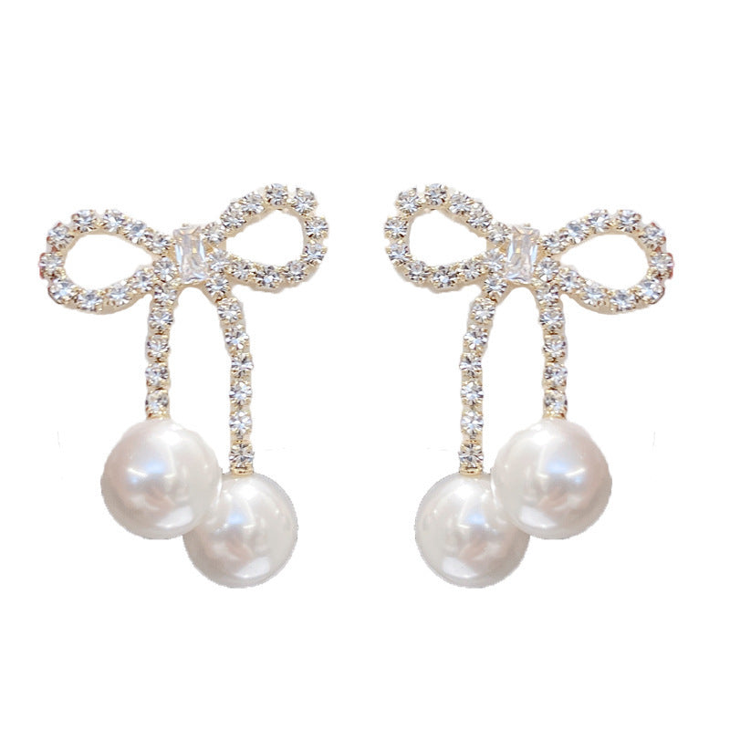 Needle Heart Bow Pearl Niche Sweet Earrings