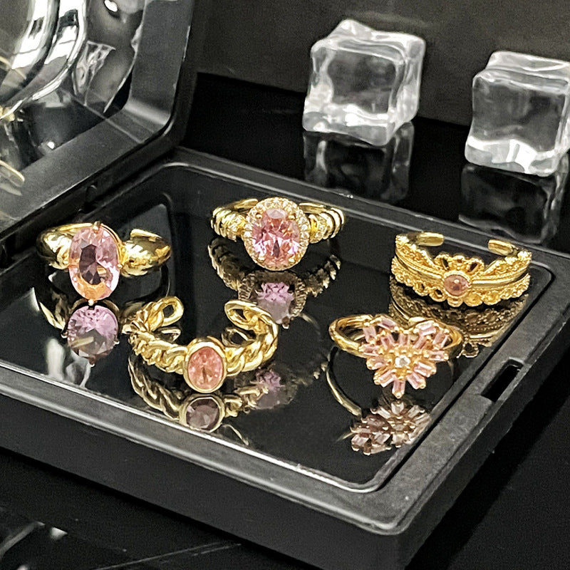Retro Elegant Pink Diamond Niche Open Rings