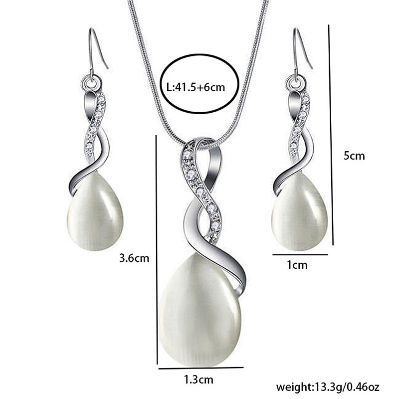 Simple Pink Water Drop Cat's Eye Rhinestone Jewelry Set